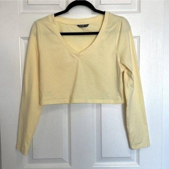 ❤️ SHEIN CURVE SZ OXL YELLOW LONG SLEEVE CROPPED V-NECK T-SHIRT NWOT - Picture 3 of 7